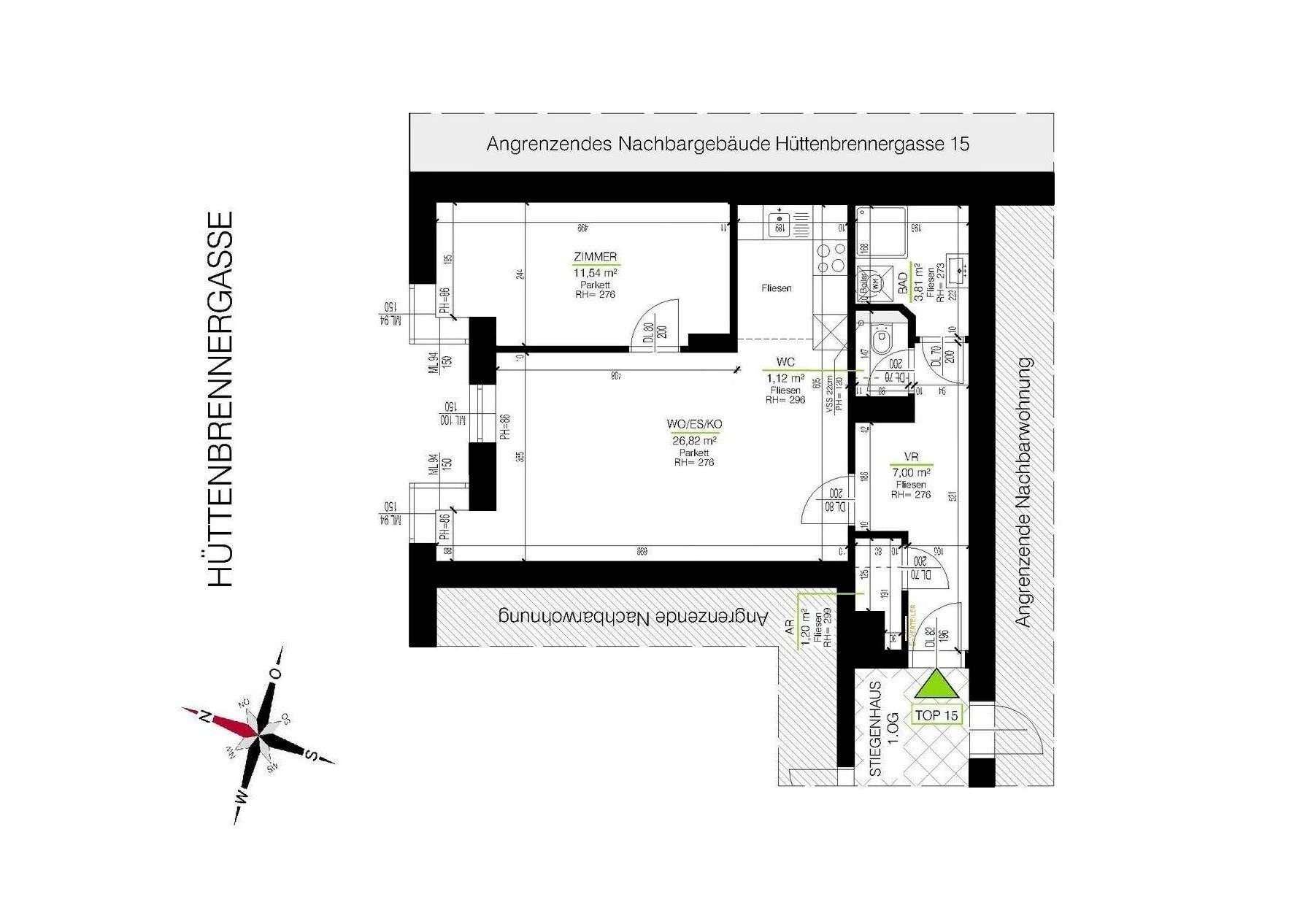 Detaillierter Grundriss der Wohnung mit Zimmeraufteilung, Loggia und Flächenangaben.