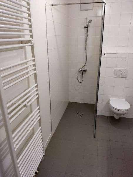 Modernes Badezimmer mit ebenerdiger Dusche, Wand-WC und Handtuchheizkörper.