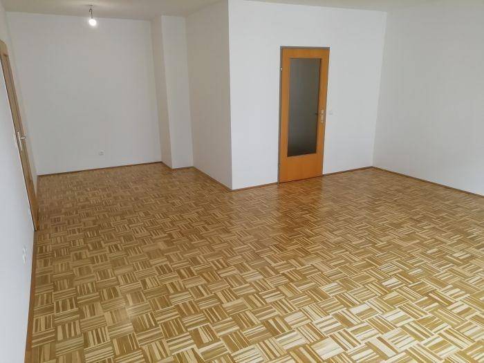Heller Wohnbereich mit klassischem Parkettboden und einer Holztür, frisch gestrichen und sauber.