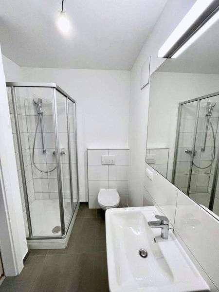 Modernes Badezimmer mit Duschkabine, WC, Waschbecken und großem Spiegel.