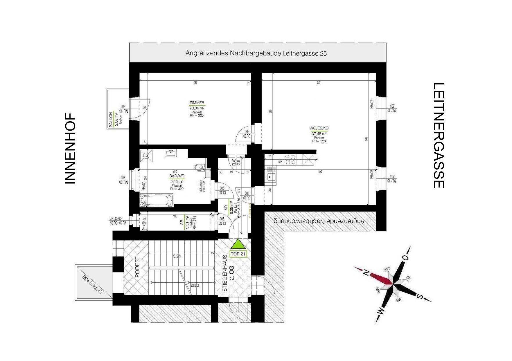 Grundriss einer Wohnung mit zwei Zimmern, Bad, WC und Balkonzugang.