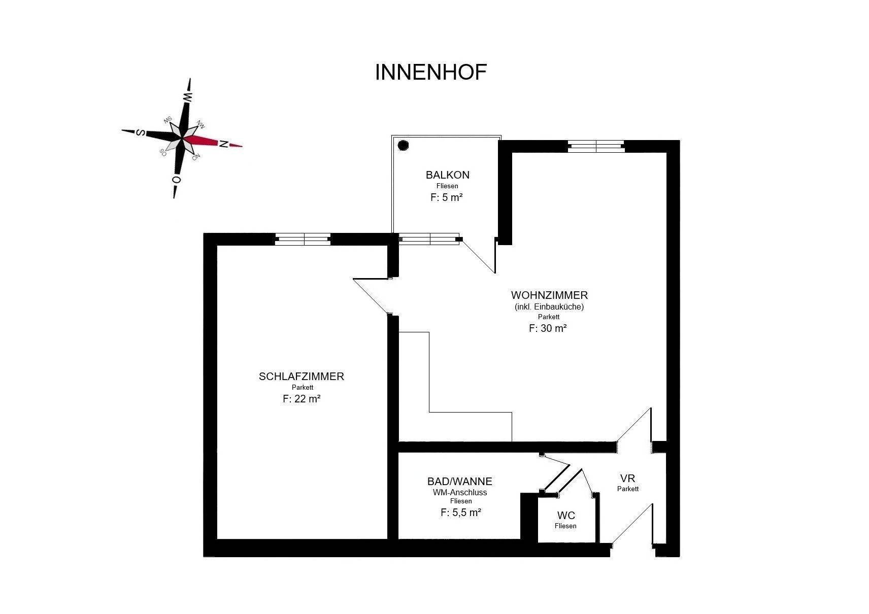 Grundriss der Wohnung mit Schlafzimmer, Wohnzimmer, Bad, WC und Balkon.