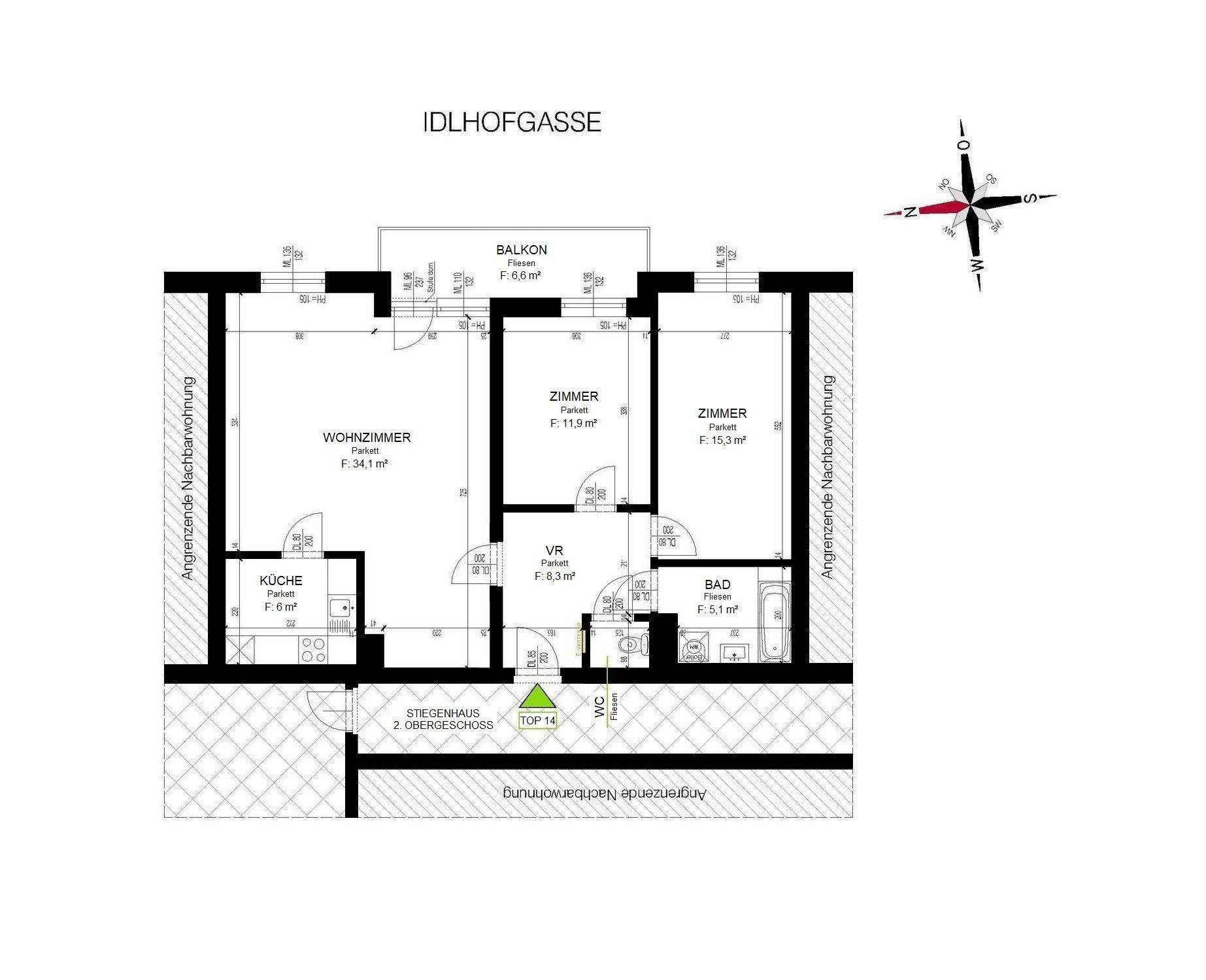 Detaillierter Grundriss der Wohnung mit Wohnzimmer, Küche, zwei Zimmern und Balkon.