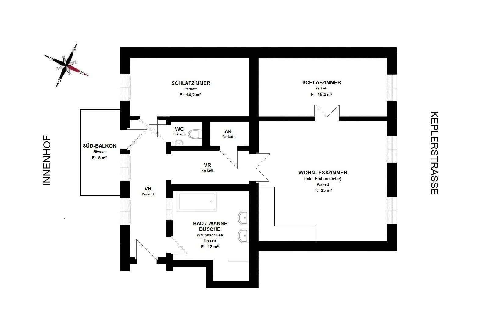 Grundriss der Wohnung mit zwei Schlafzimmern, Wohn-Esszimmer, Bad und Südbalkon.