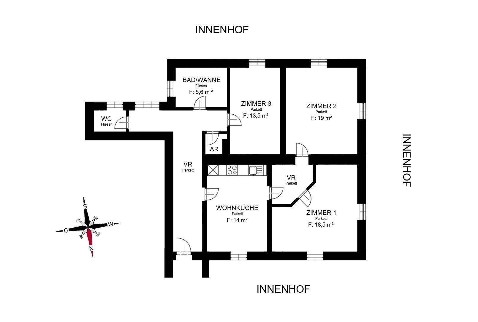 Grundriss der Wohnung mit drei Zimmern, Bad, WC und Wohnküche.