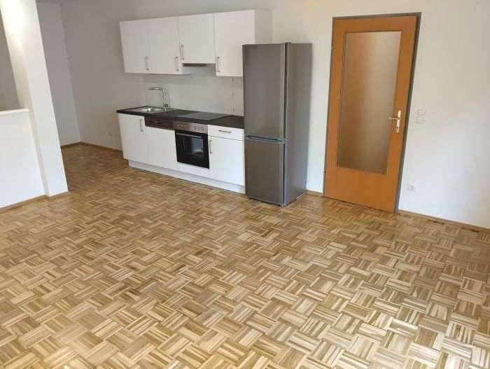 Offener Wohnbereich mit integrierter Küchenzeile, Parkettboden und Holztür.
