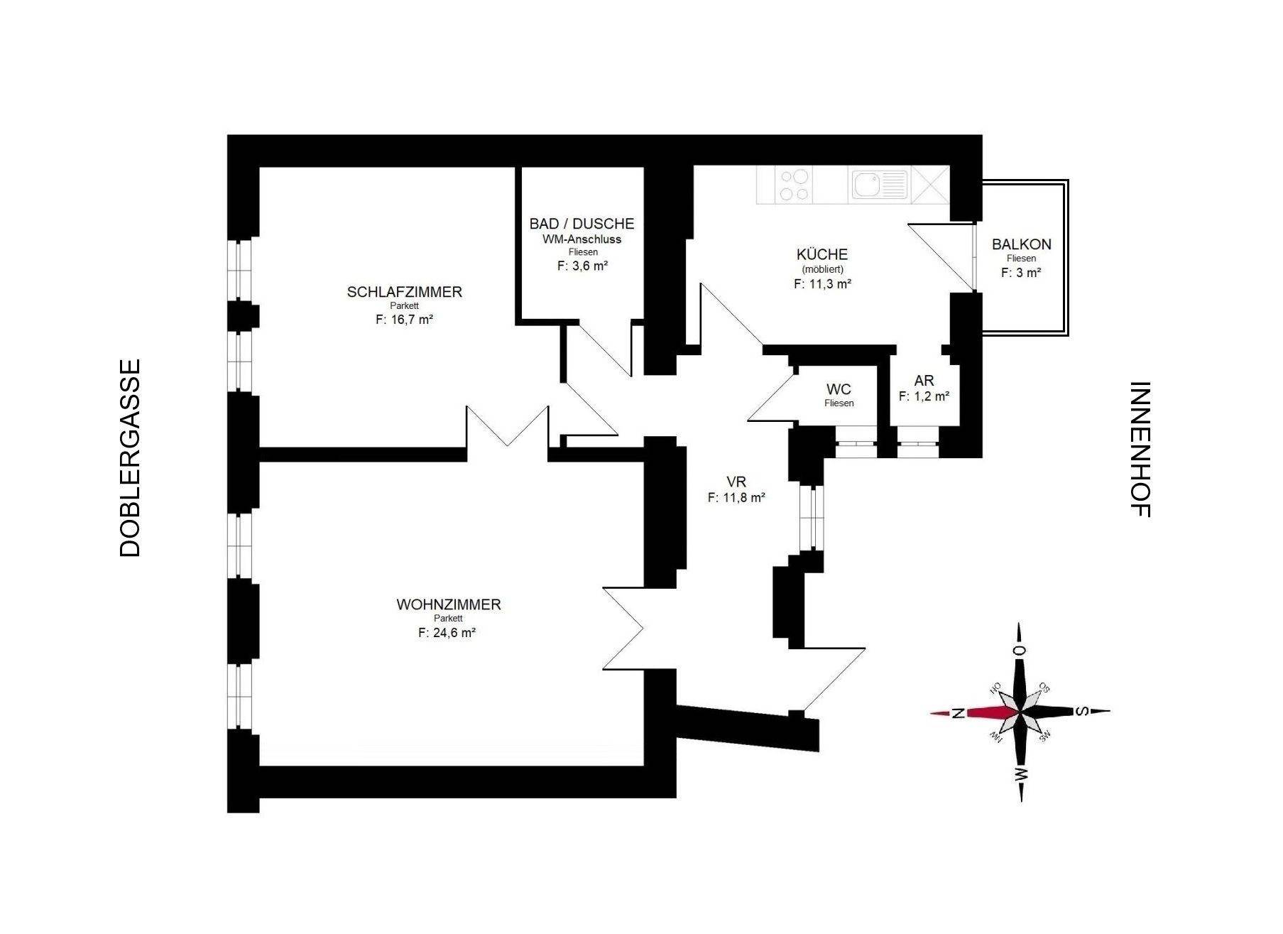 Grundriss der Wohnung mit Schlafzimmer, Wohnzimmer, Küche, Bad und Balkon zum Innenhof.