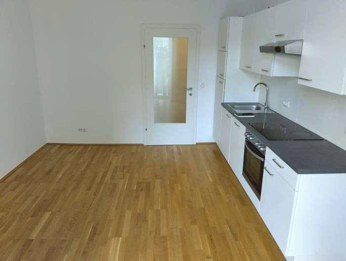 Funktionale Küchenzeile in einem hellen Raum mit Holzplankenboden und viel Platz.