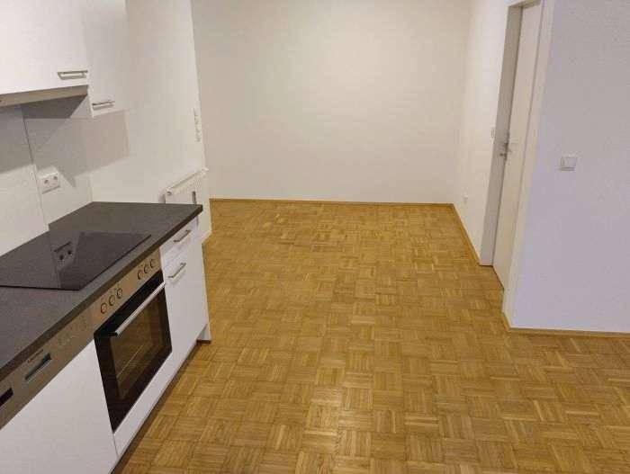 Wohnzimmer mit großem Süd-Balkon 11m² und nagelneuer Einbauküche (nicht getr. begehbar)
