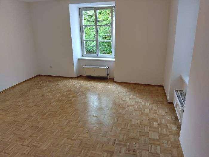 Helles Zimmer mit Parkettboden und Blick ins Grüne durch das Fenster.