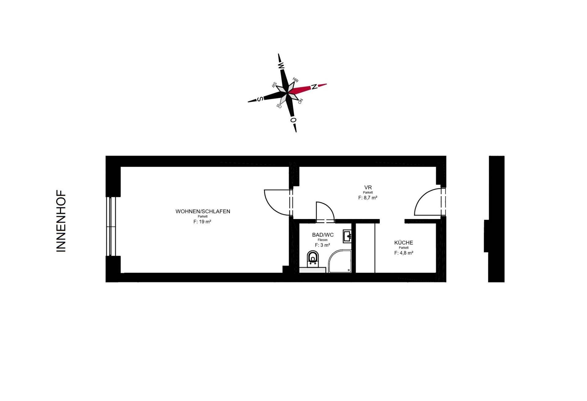 Grundriss einer kompakten Wohnung mit Wohnschlafzimmer, separater Küche und Bad.