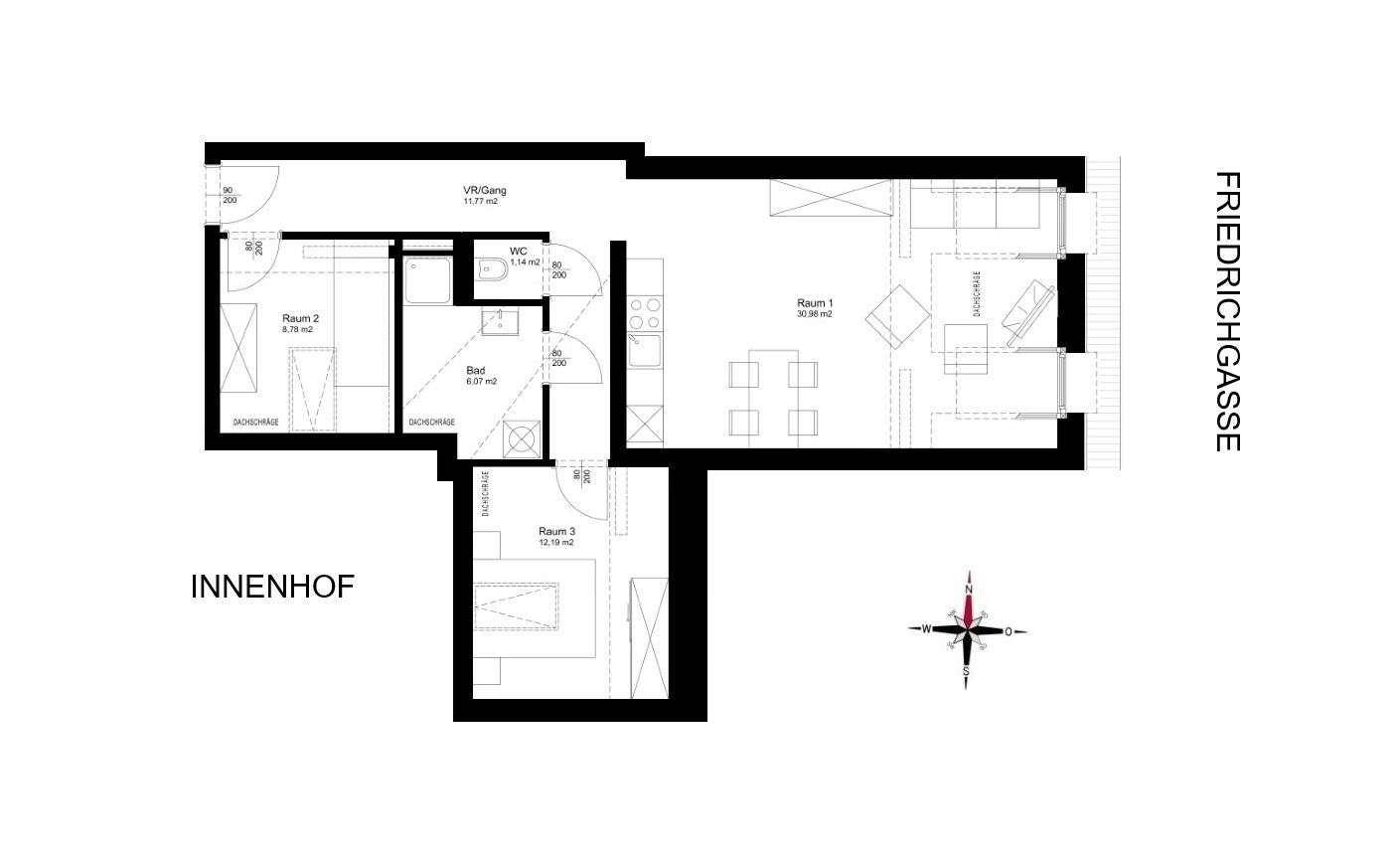 Grundriss einer Wohnung mit drei Zimmern, Bad, WC und offenem Wohnbereich.