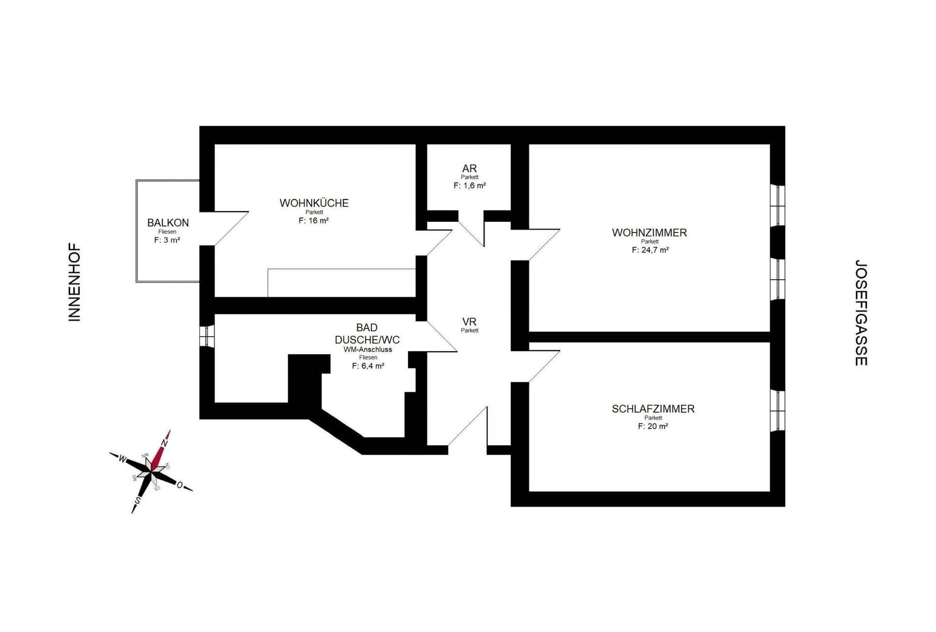 Detaillierter Grundriss der Wohnung mit Wohnküche, Schlafzimmer und Balkon.