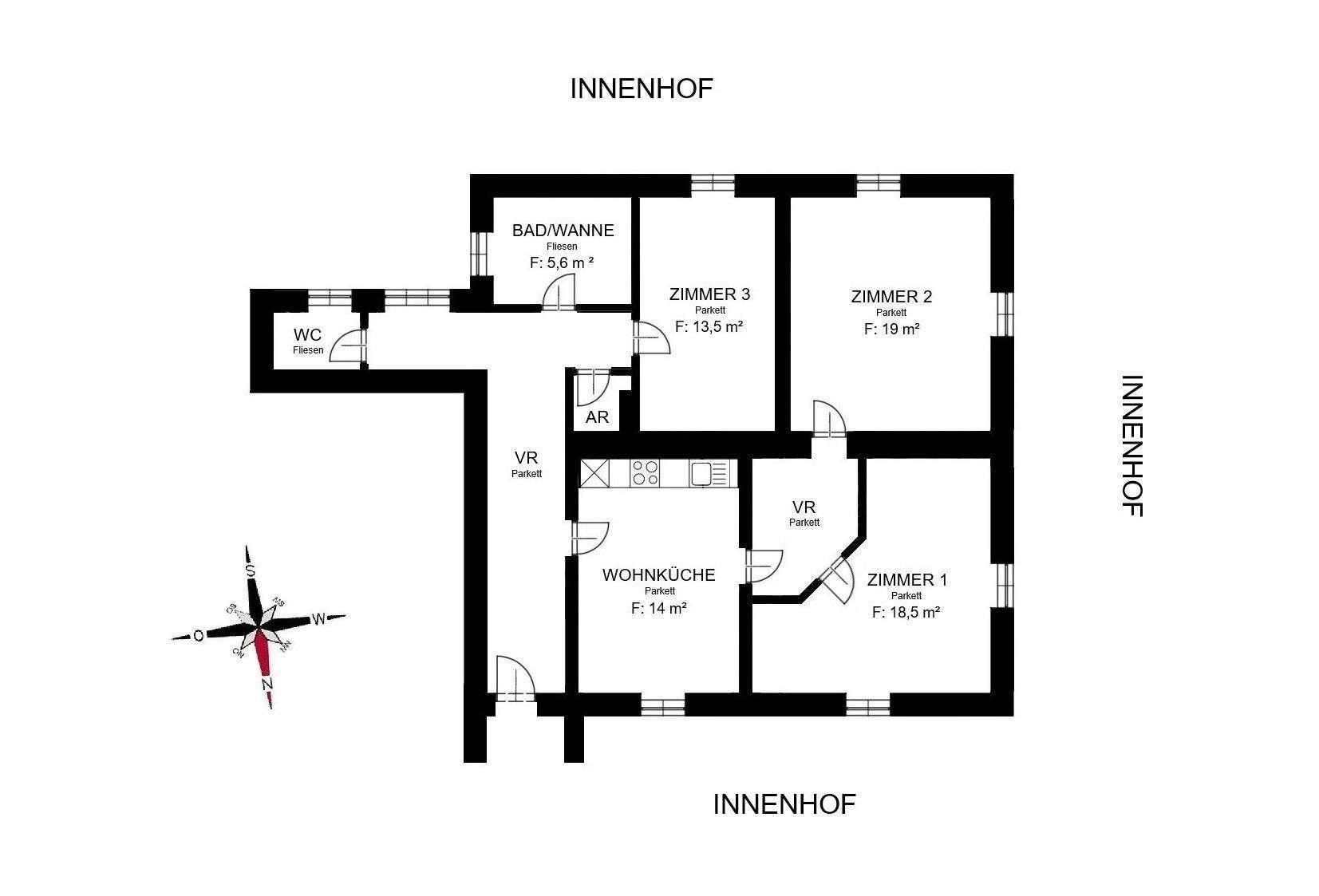 Grundriss einer Wohnung mit Wohnküche, drei Zimmern, Bad und separatem WC.