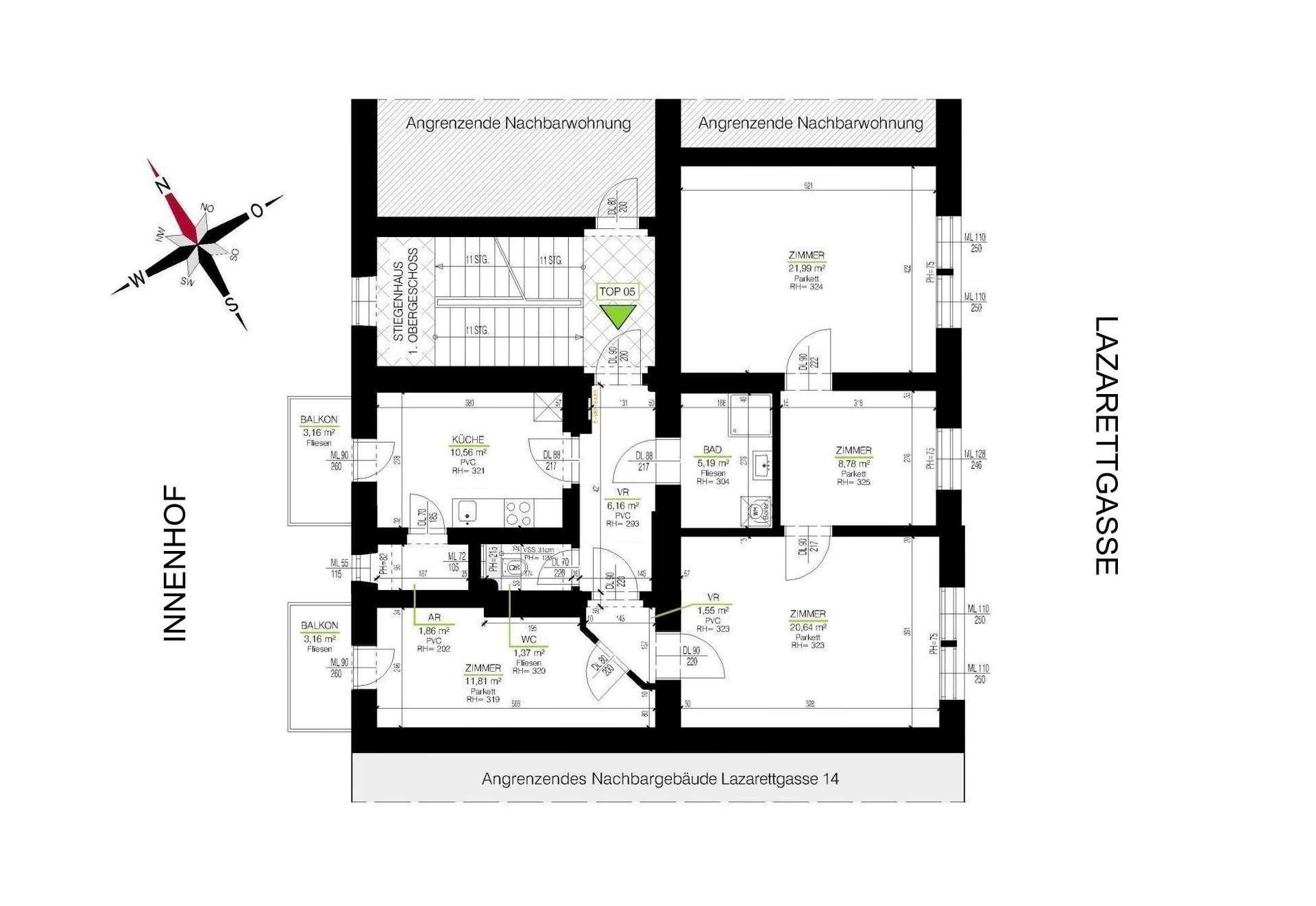 Detaillierter Grundriss einer Wohnung mit mehreren Zimmern, Bad, WC und Balkonen.