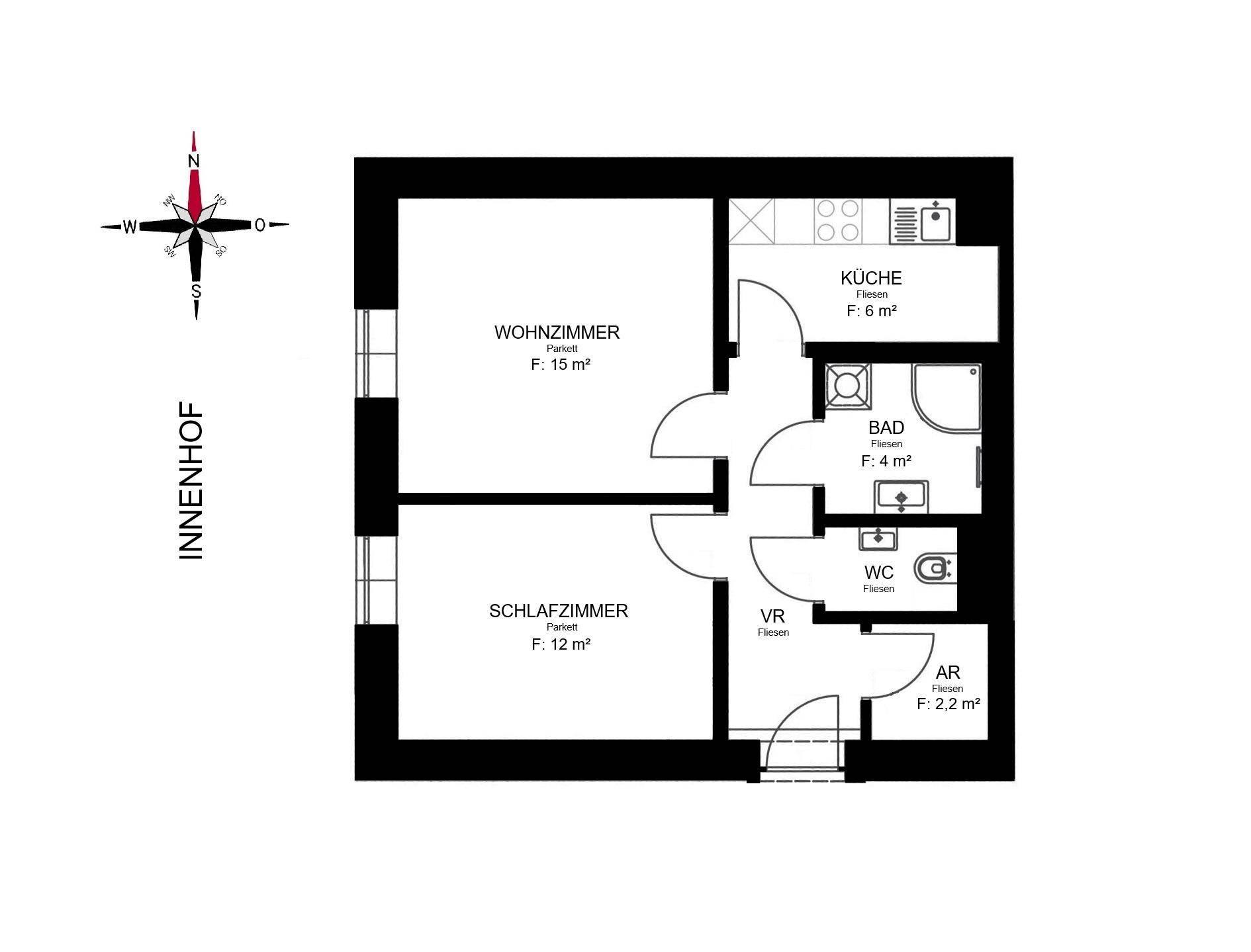 Ruhiger 2 ZIMMER-Altbau + extra Küche möbliert + Bad mit Dusche + extra WC + nähe Jakominiplatz! - Ansicht 2