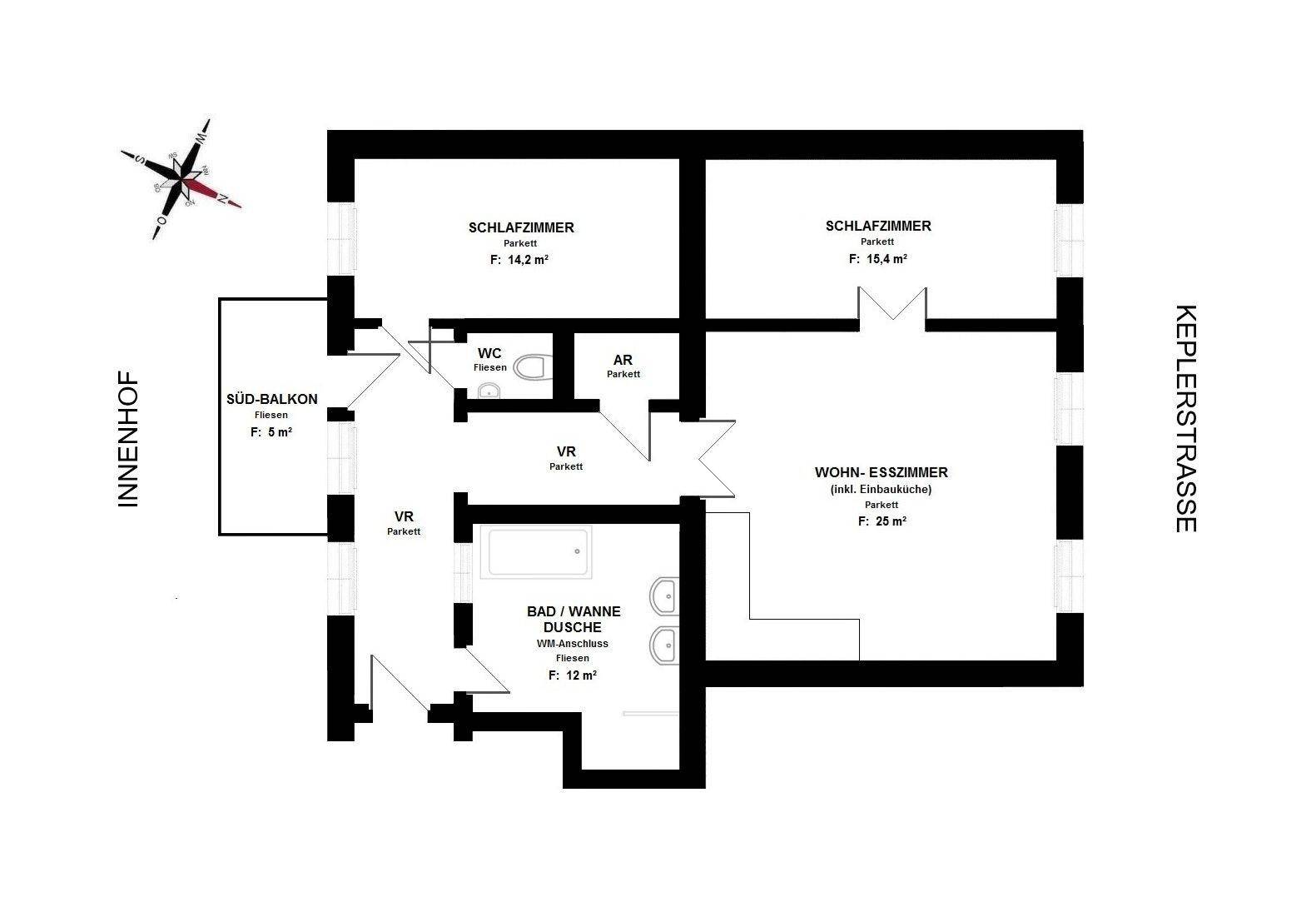 Grundriss der Wohnung mit zwei Schlafzimmern, Wohn-Esszimmer, Bad und Südbalkon.