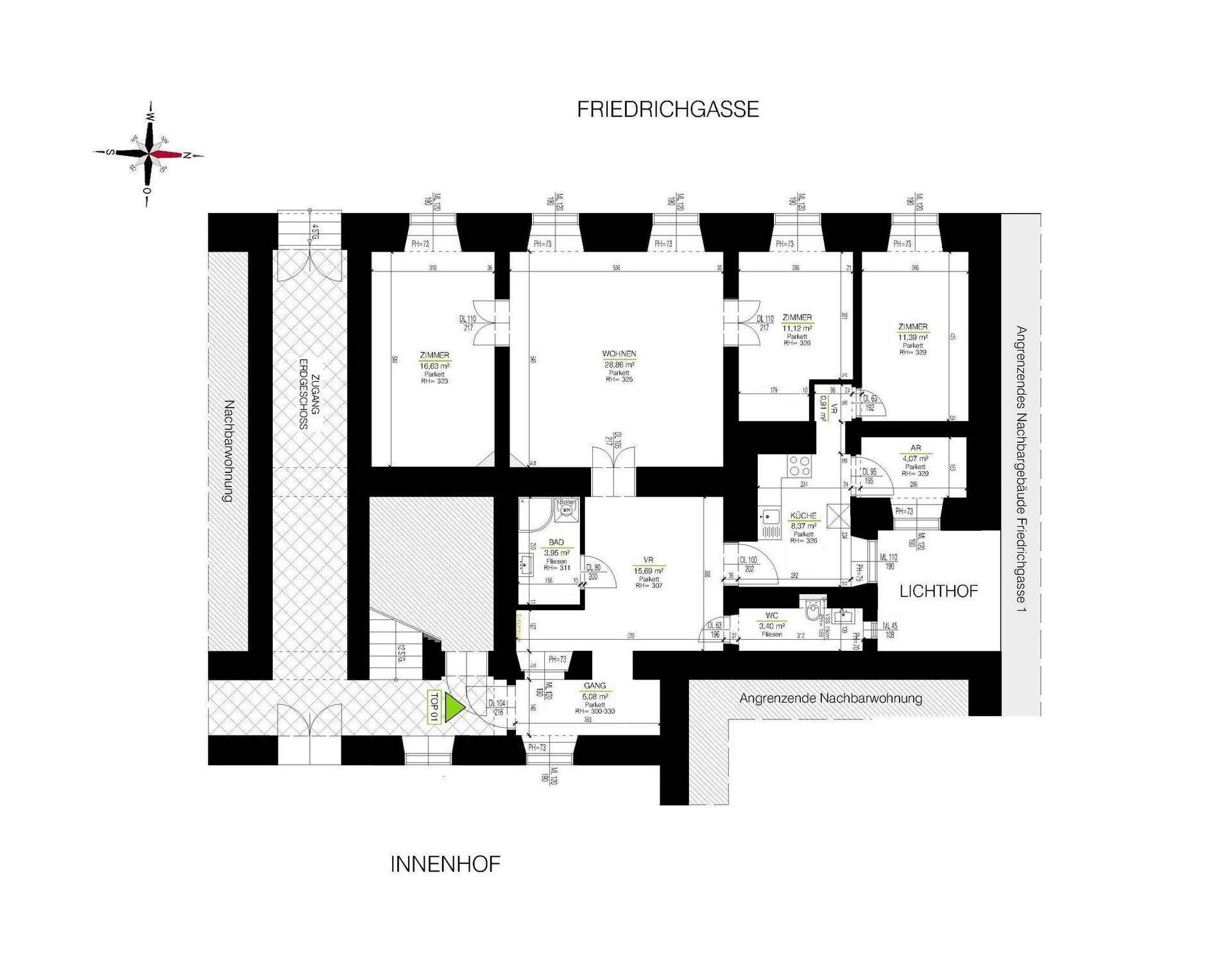 Detaillierter Grundrissplan mit mehreren Zimmern, Bad, WC und Zugang zum Innenhof.