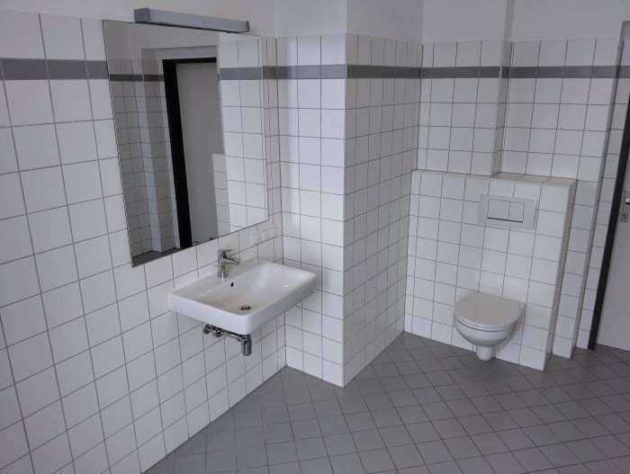 Separates WC mit wandhängender Toilette, Waschbecken und Spiegel.