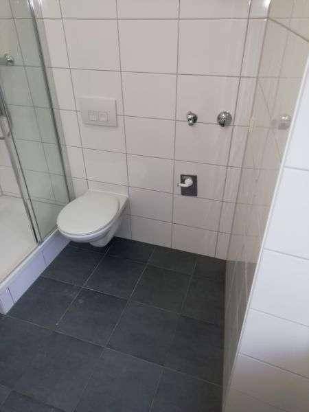 Sauberes Badezimmer mit wandhängendem WC und dunklen Bodenfliesen, helle Wandfliesen.