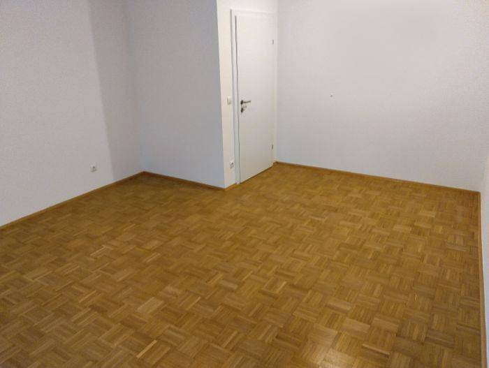 Leerer Raum mit Parkettboden und einer weißen Tür, bereit zur individuellen Gestaltung.