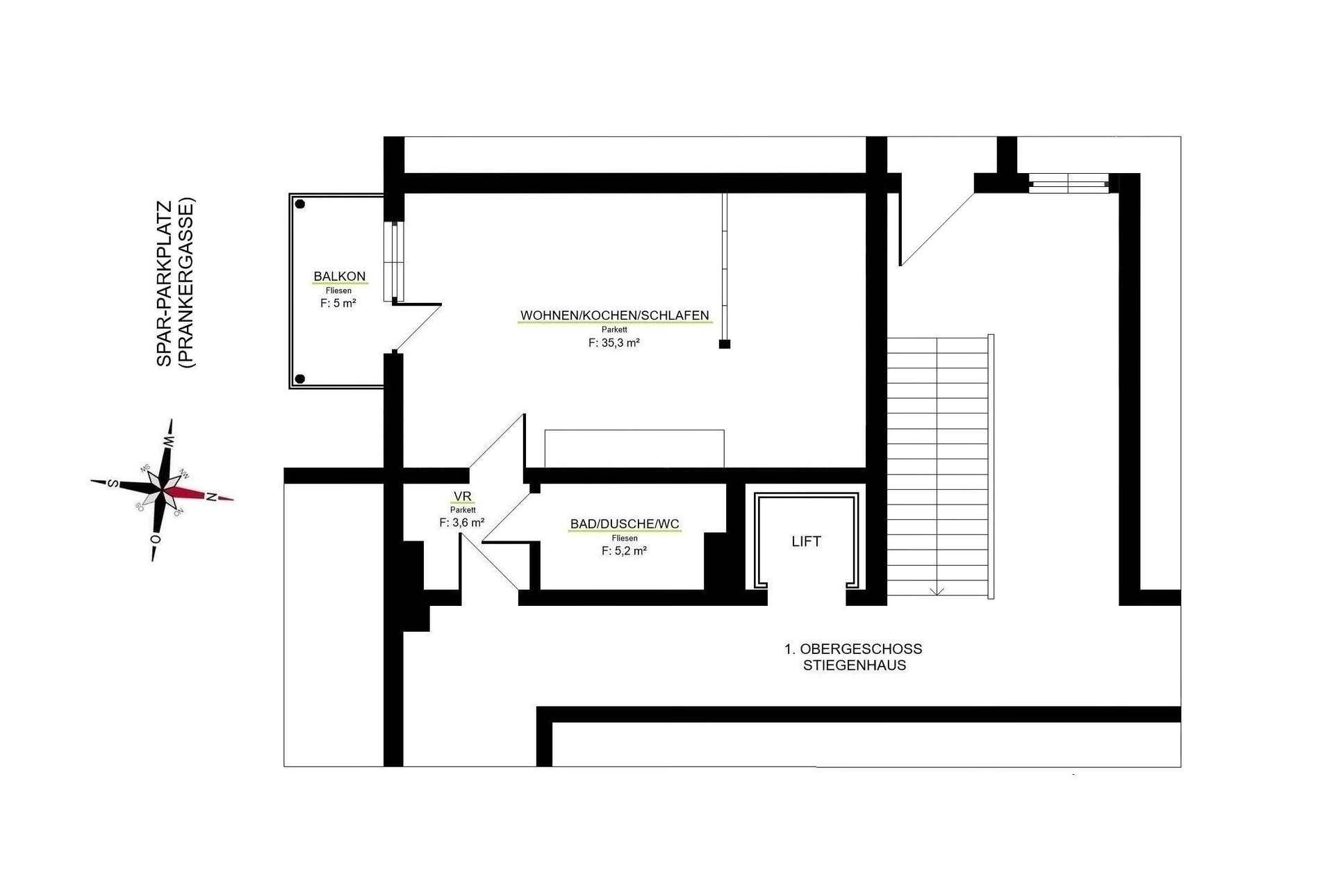 Grundriss des ersten Obergeschosses mit Wohn-/Schlafbereich, Bad und Balkon.