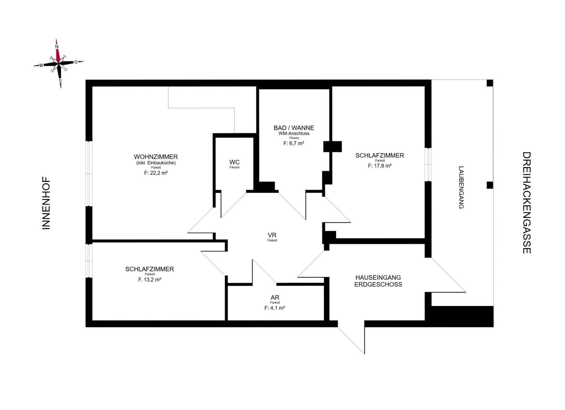 Übersichtlicher Grundriss des Erdgeschosses mit Wohnzimmer, zwei Schlafzimmern und Bad.