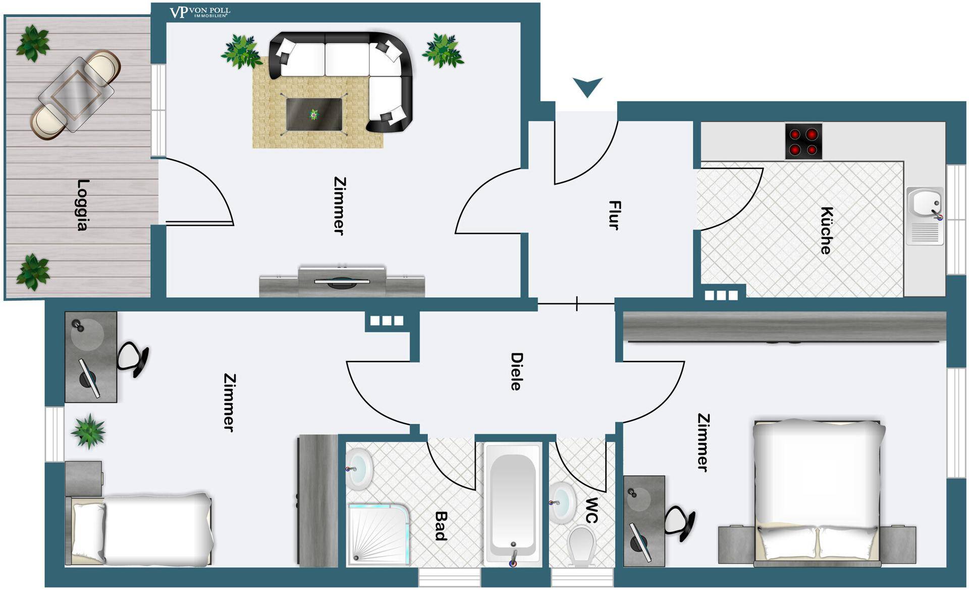 Grundriss einer Wohnung mit Loggia, separatem WC, Bad mit Badewanne und Einbauküche.