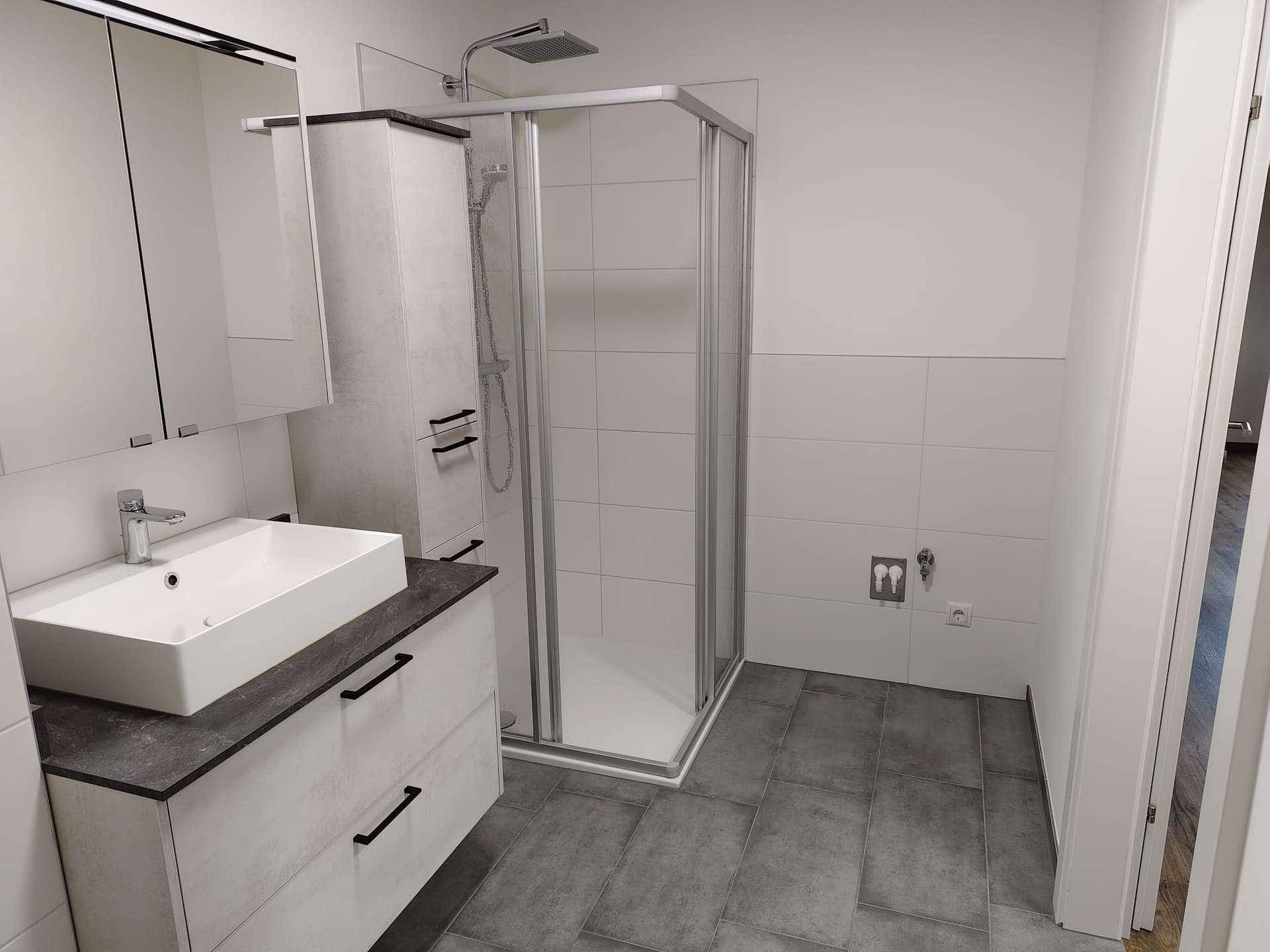 Modernes Badezimmer mit begehbarer Dusche, Einzelwaschbecken und hellen Fliesen.