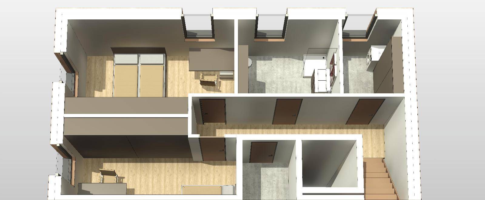 3D-Grundriss einer oberen Etage mit Schlafzimmern, Badezimmern und Dachfenstern.