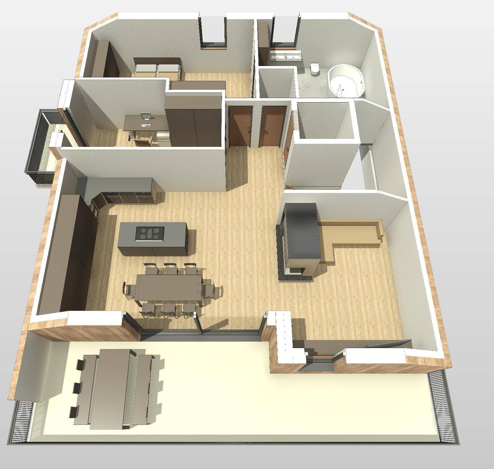 Detaillierter 3D-Grundriss einer Wohnung mit offener Küche, Essbereich, Schlafzimmer und großer Terrasse.