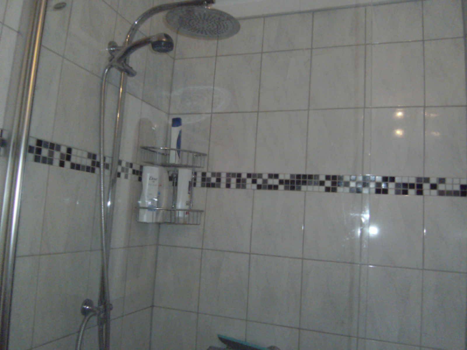 Duschbereich mit Regendusche und hellen Fliesen, akzentuiert durch eine dekorative Bordüre.