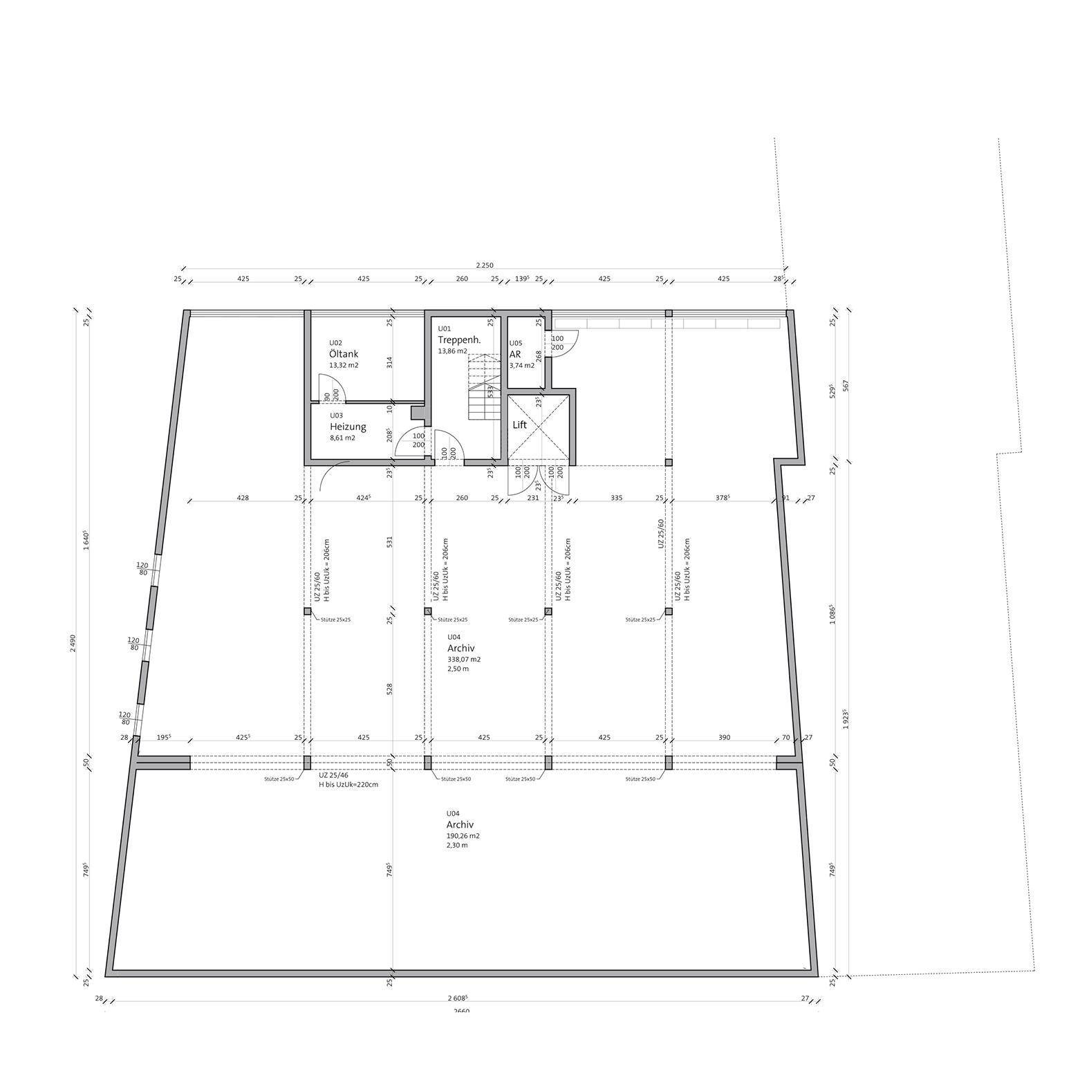 Grundriss des Untergeschosses mit Archivräumen, Öltank und Treppenhaus.