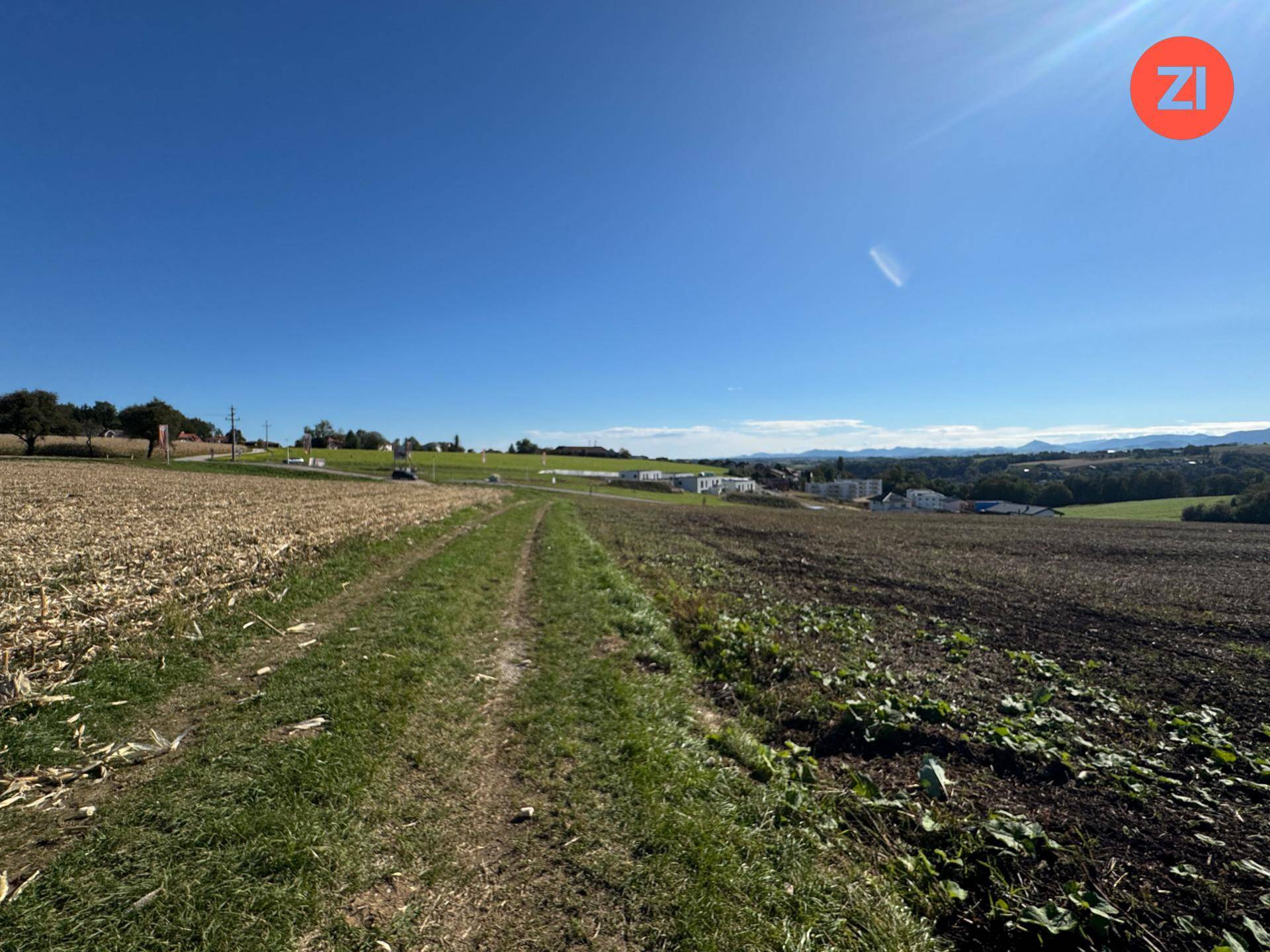 Feldweg führt durch landwirtschaftliche Flächen, mit einer Siedlung und Bergen in der Ferne unter blauem Himmel.