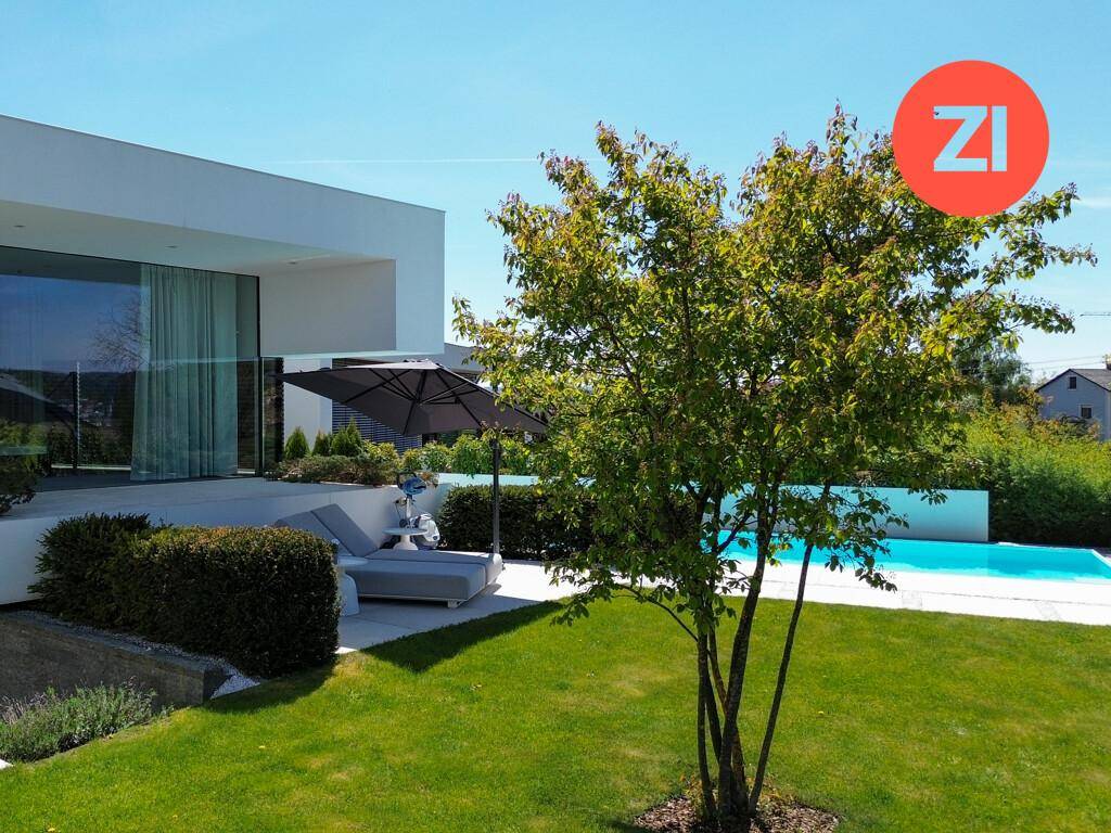 Sonniger Gartenbereich mit Pool, Liegestühlen und einem jungen Baum, perfekt zum Entspannen.