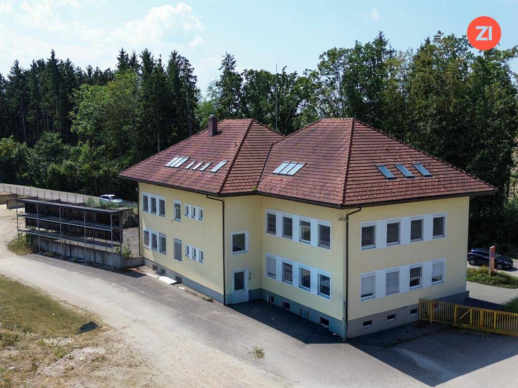 Seitenansicht des gelben Hauptgebäudes mit vielen Fenstern und einem roten Ziegeldach, angrenzend an einen Waldrand.
