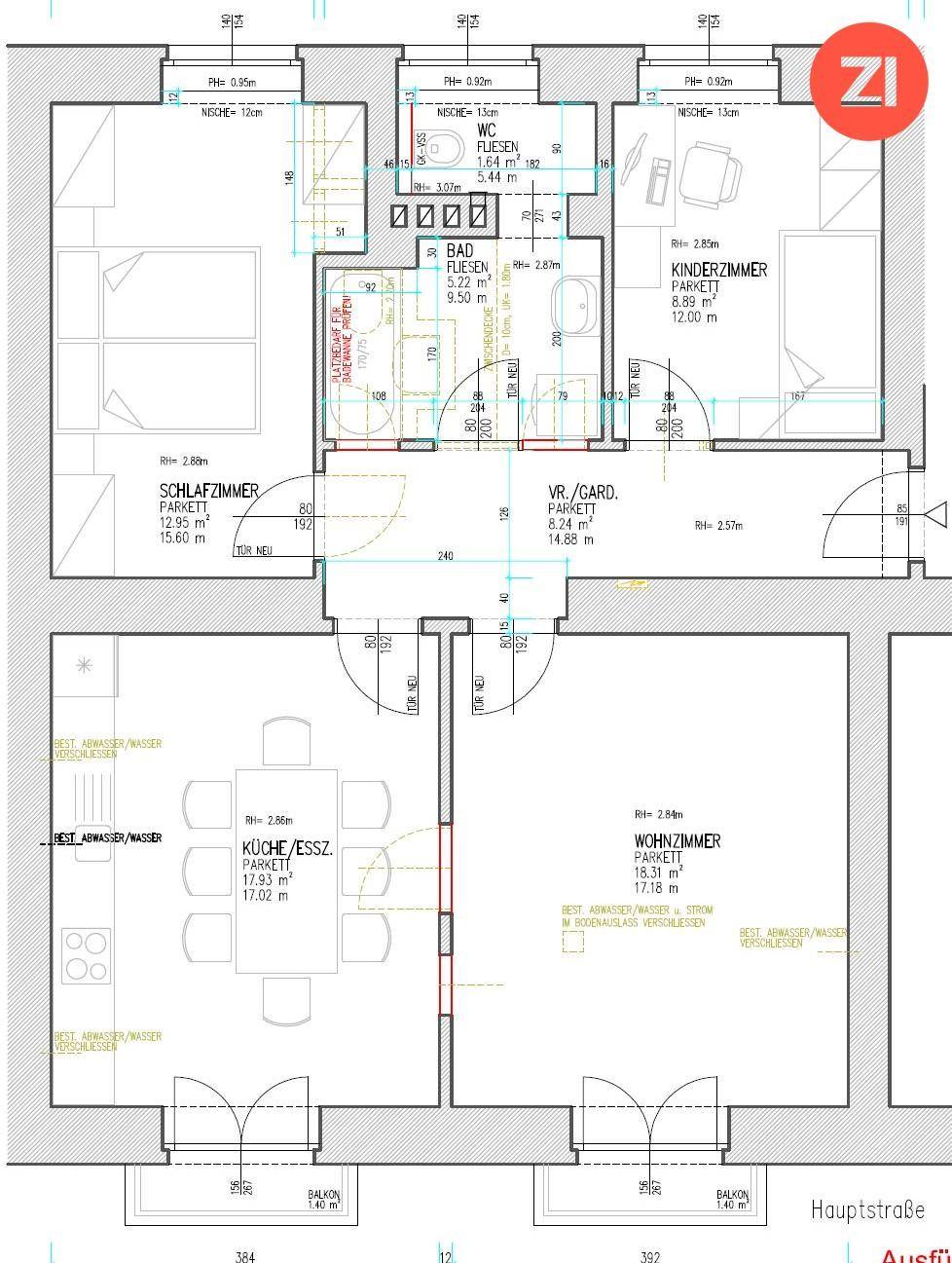 Grundriss einer Wohnung mit separaten Wohn- und Essbereichen, Schlafzimmern, Bad und Balkonen.