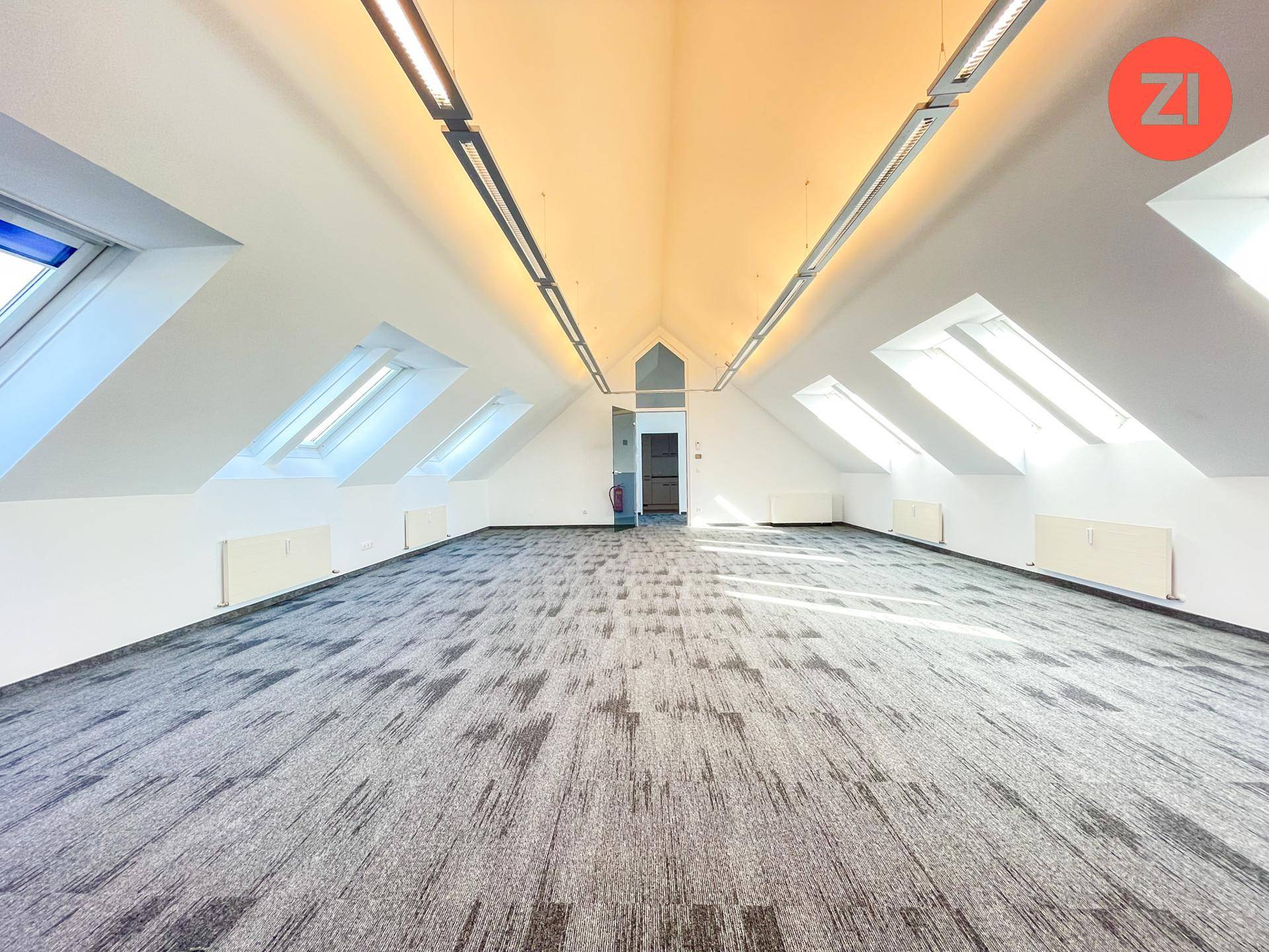 Großer Büroraum im Dachgeschoss mit Teppichboden, Dachfenstern und langer Deckenbeleuchtung.