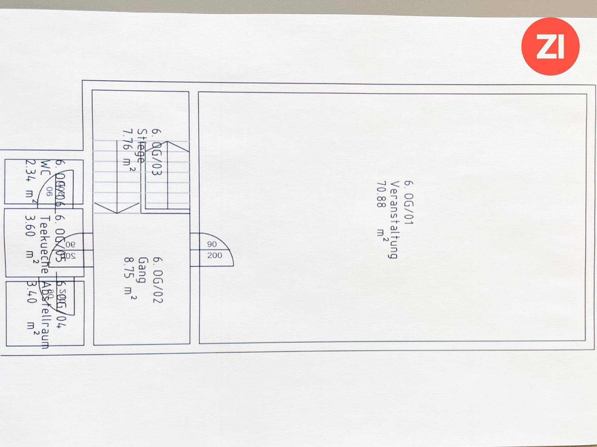Grundrissplan eines Veranstaltungsraums mit Teeküche und WC-Bereich.