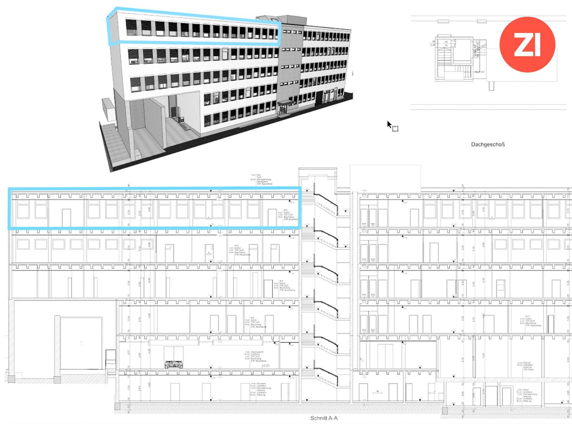 Architektonische Zeichnungen und eine 3D-Visualisierung des Gebäudes mit Schnitt- und Grundrissdarstellung.