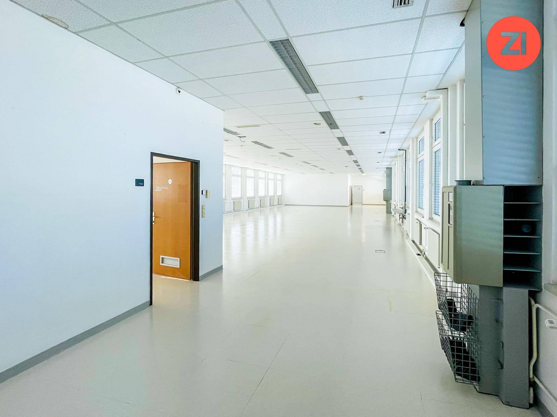 Langer, leerer Korridor oder Großraumbüro mit Fenstern und einer abgehängten Decke.