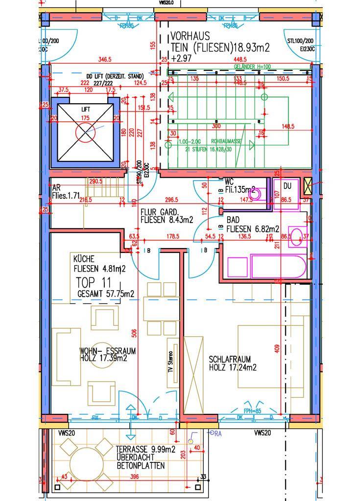 Grundriss einer Wohnung mit Wohn-Esszimmer, Küche, Schlafzimmer, Bad und einer Terrasse.