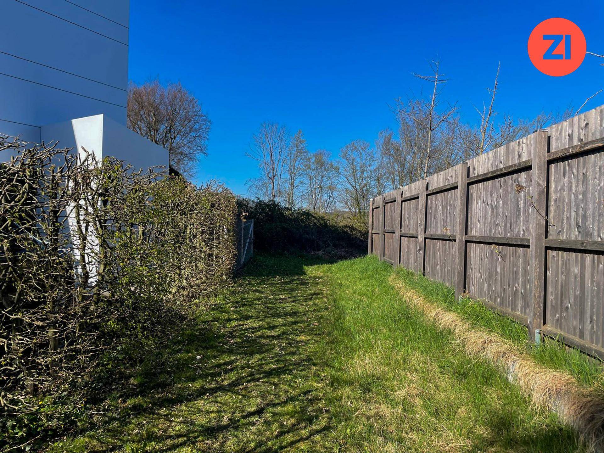 Schmaler Grasweg zwischen einer grünen Hecke und einem hohen Holzzaun unter blauem Himmel.