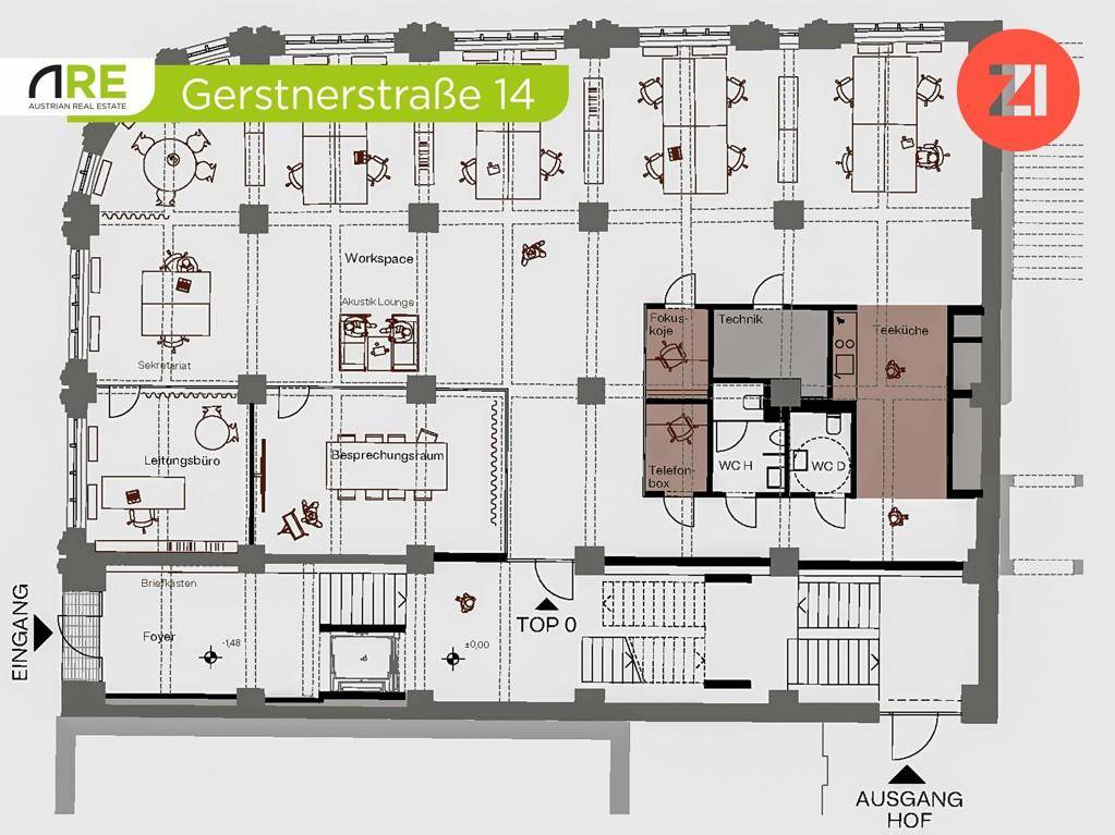 Detaillierter Grundrissplan einer Büroetage mit Arbeitsbereichen, Besprechungsräumen und Teeküche.