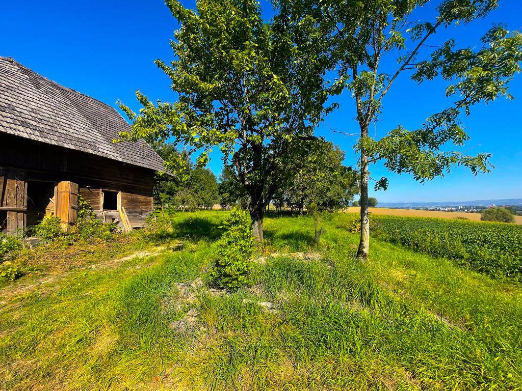 Bodennahaufnahme des Holzschuppens, umgeben von grünen Wiesen und Bäumen, mit Fernblick auf Felder.