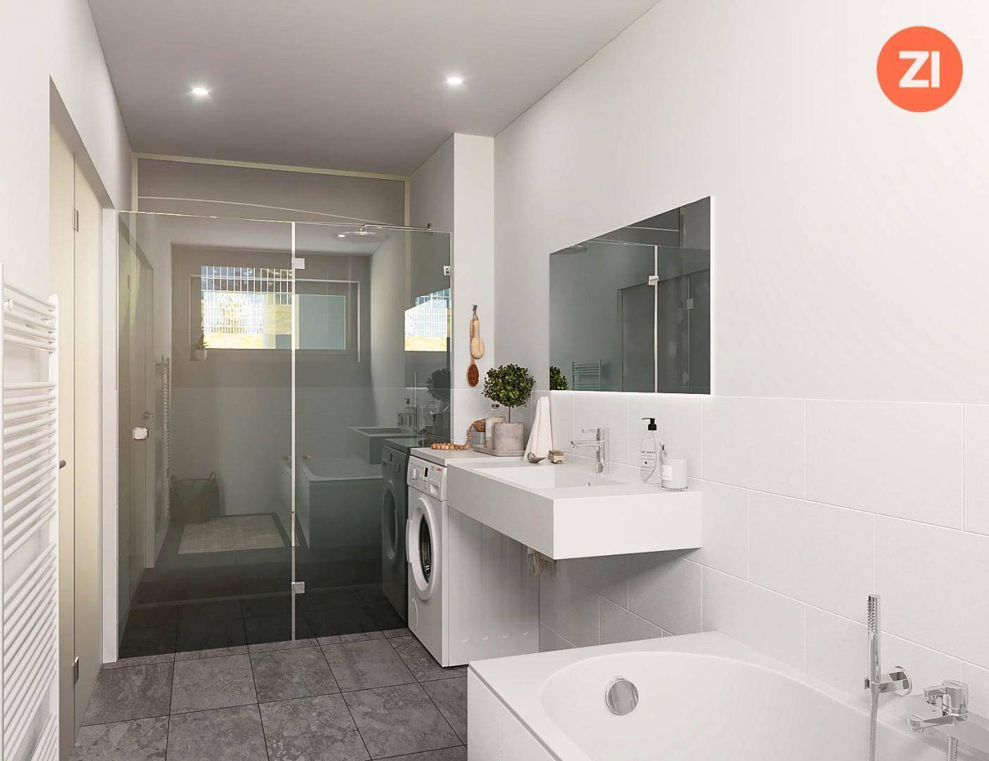 Modernes Badezimmer mit Badewanne, begehbarer Dusche und integrierter Waschmaschine.