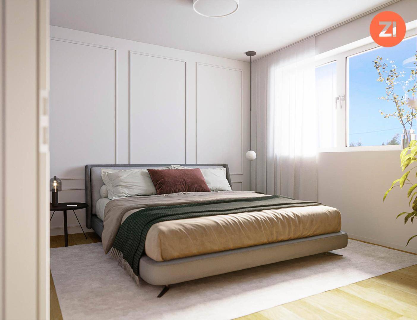 Helles Schlafzimmer mit modernem Bett, Holzboden und großem Fenster für viel Tageslicht.