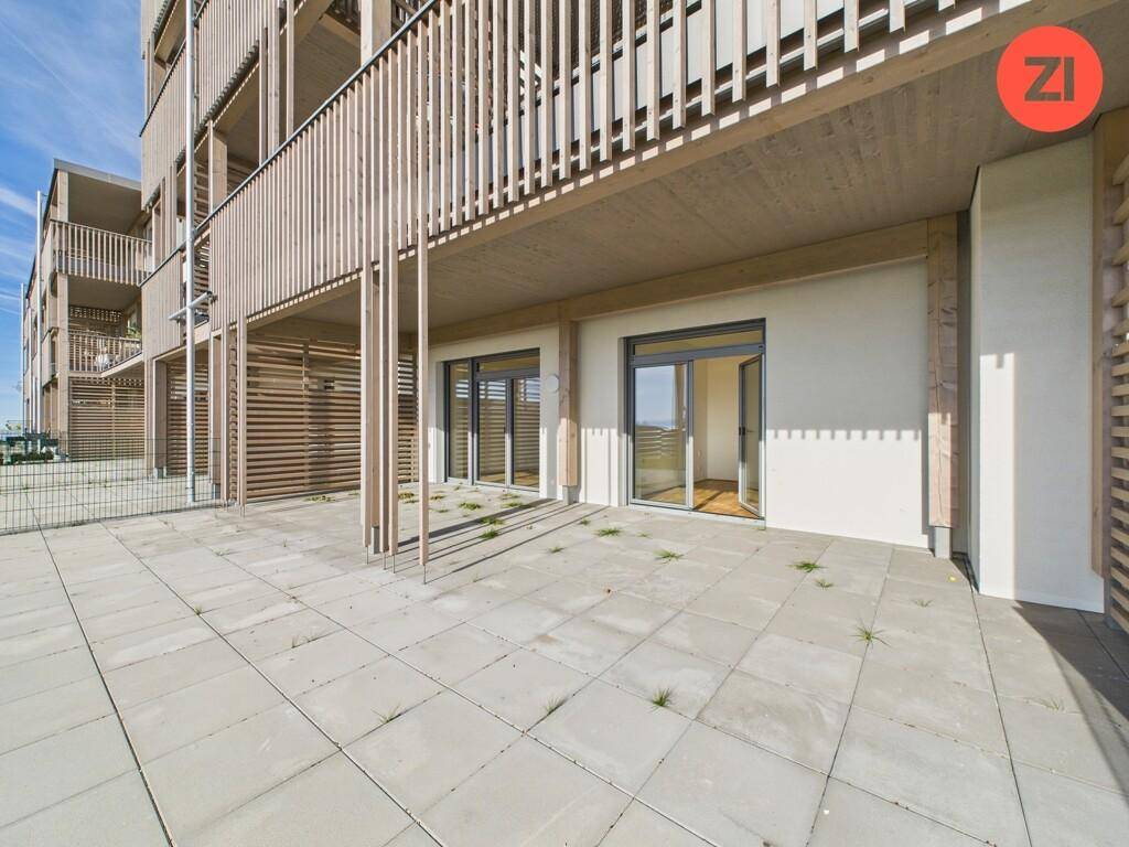 Weitläufige gepflasterte Terrasse vor der modernen Gebäudefassade mit mehreren Zugängen.