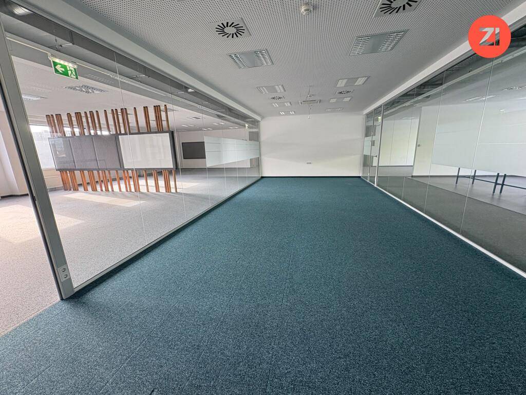 Moderner Bürobereich mit blauem Teppichboden und Glaswänden, die separate Arbeitsbereiche schaffen.