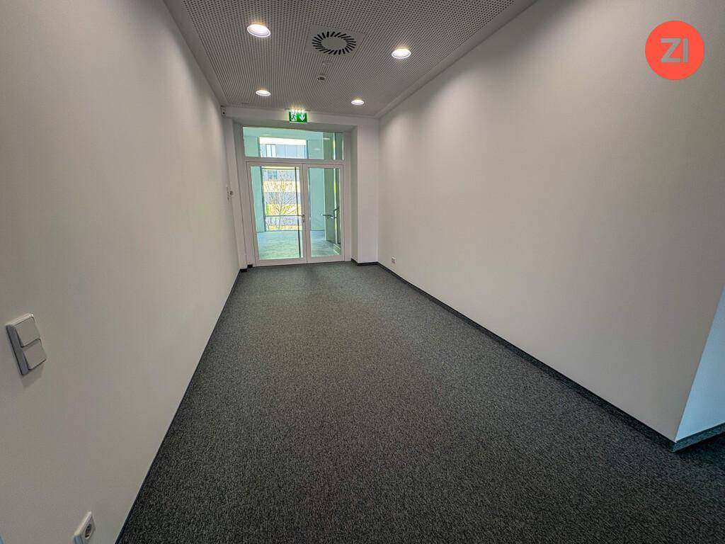Heller Eingangsbereich oder Flur mit grauem Teppichboden und einer Glastür, die nach draußen führt.